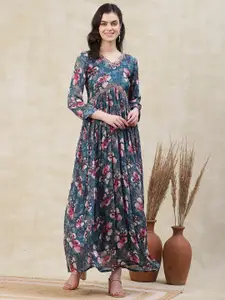 FASHOR Blue Floral Print Crepe A-Line Maxi Dress