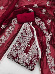 Panzora Maroon Embroidered Art Silk Unstitched Dress Material