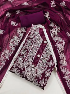 Panzora Purple Embroidered Art Silk Unstitched Dress Material