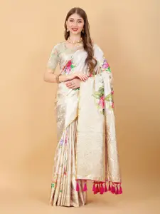 NIWAA Cream-Coloured & Multicoloured Floral Zari Pure Silk Mysore Silk Saree