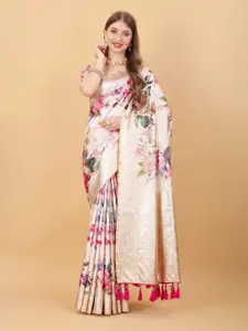 NIWAA Cream-Coloured & Multicoloured Floral Zari Pure Silk Mysore Silk Saree