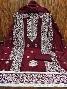 Panzora Maroon Embroidered Art Silk Unstitched Dress Material