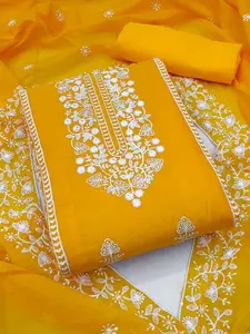 Panzora Yellow Embroidered Art Silk Unstitched Dress Material