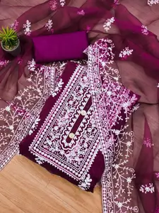 Panzora Purple Embroidered Organza Unstitched Dress Material