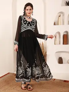 Femvy Black Ethnic Motifs Embroidered Georgette Maxi Dress