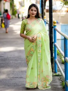 STAVA CREATION Green Ethnic Motifs Pure Linen Designer Saree