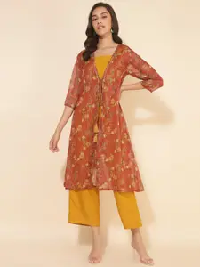 Janasya Floral Printed Gotta patti Detail A Line Jacket With Crop Top & Trouser