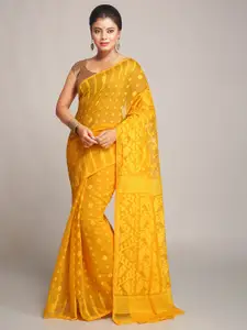 BENGAL HANDLOOM Yellow Ethnic Woven Design Cotton Silk Jamdani Saree