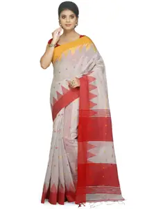 BENGAL HANDLOOM Grey & Red Ethnic Woven Design Cotton Silk Taant Saree