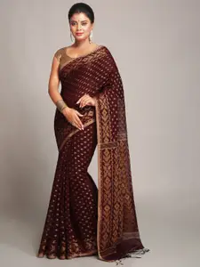 BENGAL HANDLOOM Maroon & GoldToned Ethnic Woven Design Soft Cotton Taant Saree