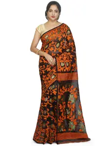 BENGAL HANDLOOM Floral Embroidered Silk Cotton Jamdani Saree