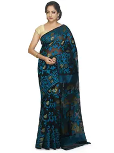 BENGAL HANDLOOM Black & Blue Ethnic Woven Design Cotton Silk Jamdani Saree