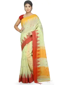 BENGAL HANDLOOM Cream Coloured & Orange Woven Design Silk Cotton Taant Saree