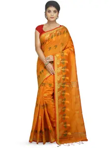 BENGAL HANDLOOM Orange & Green Ethnic Woven Design Cotton Silk Taant Saree