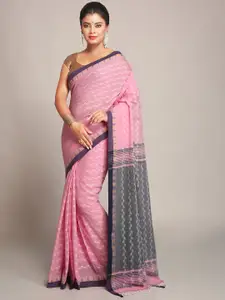 BENGAL HANDLOOM Pink & Grey Ethnic Woven Design Cotton Soft Dhanchara Saree