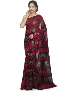 BENGAL HANDLOOM Black & Red Ethnic Woven Design Cotton Silk Jamdani Saree