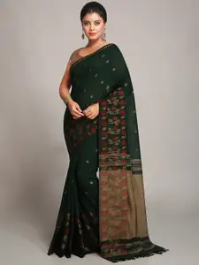 BENGAL HANDLOOM Green & Red Ethnic Woven Design Soft Cotton Taant Saree