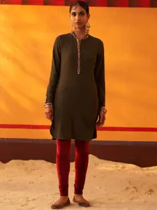 Lakshita Woven Design Band Collar Threadwork Woollen A-Line Kurta