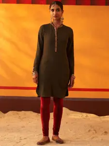 Lakshita Woven Design Band Collar Threadwork Woollen A-Line Kurta