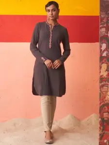 Lakshita Woven Design Band Collar Threadwork Woollen A-Line Kurta