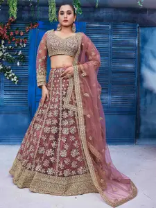 Chandbaali Peach-Coloured & Gold-Toned Embroidered Beads and Stones Block Print Ready to Wear Lehenga &