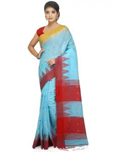 BENGAL HANDLOOM Turquoise Blue & Red Ethnic Woven Design Silk Cotton Taant Saree