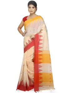 BENGAL HANDLOOM Beige & Orange Ethnic Woven Design Silk Cotton Taant Saree