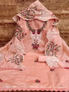Panzora Orange Embroidered Art Silk Unstitched Dress Material