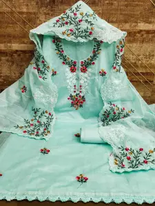 Panzora Blue Embroidered Art Silk Unstitched Dress Material