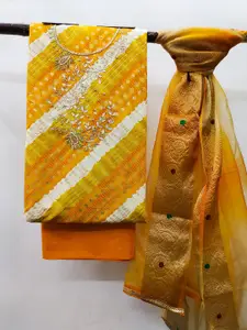 MANVAA Leheriya Dyed Beads and Stones Unstitched Dress Material