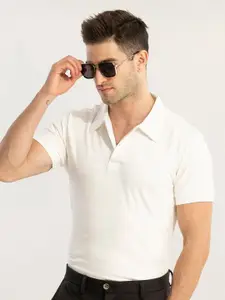 Snitch Men White Polo Collar Slim Fit T-shirt