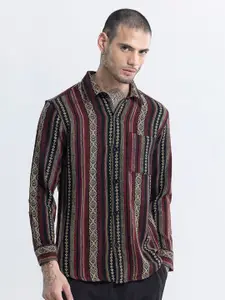 Snitch Maroon Classic Oversized Printed Spread Collar Full Sleeves Cotton Casual Shirt