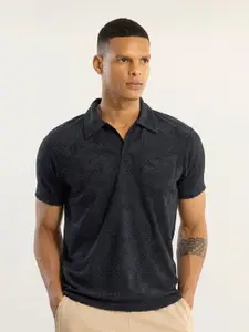 Snitch Navy Blue Self Design Polo Collar Slim Fit T-shirt