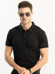 Snitch Black Polo Collar Slim Fit Cotton T-shirt