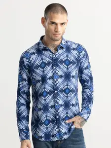 Snitch Blue Classic Slim Fit Abstract Printed Cotton Casual Shirt