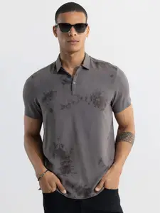 Snitch Grey Tie And Dye Polo Collar Slim Fit T-shirt
