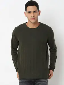 SPYKAR Striped Self Design Round Neck Cotton Pullover Sweater