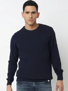 SPYKAR Cable Knit Round Neck Long Sleeves Cotton Pullover Sweater