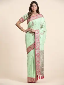 NIWAA Green & Copper-Toned Woven Design Zari Silk Blend Kanjeevaram Saree