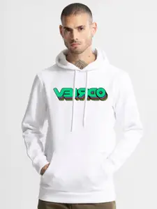 VEIRDO White Typography Printed Hooded Fleece Sweatshirt