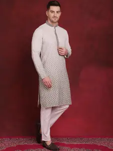 Jompers Men White Embroidered Regular Sequinned Kurta with Pyjamas