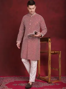 Jompers Embroidered Regular Sequinned Front Open Straight Kurta With Pyjamas