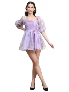 Rujave Square Neck Puff Sleeve Applique Organza Fit & Flare Dress