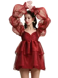 Rujave Sweetheart Neck Puff Sleeve Applique Organza Fit & Flare Dress