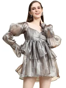 Rujave Sweetheart Neck Puff Sleeve Applique Organza Fit & Flare Dress