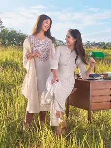 AURELIA Floral Printed Thread Work Round Neck Dyed Straight Kurta