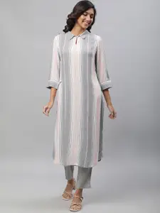 AURELIA Striped Collar Neck Curved Hem Straight Kurta