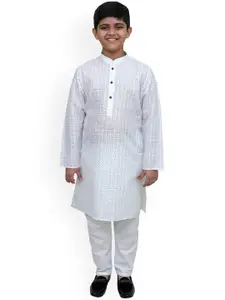 BAESD Boys White Printed Regular Linen Kurta with Pyjamas