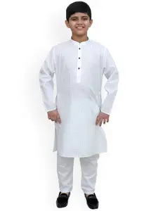 BAESD Boys White Floral Printed Regular Linen Kurta with Pyjamas