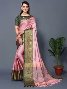 DRESSTIVE Pink & Green Zari Art Silk Saree